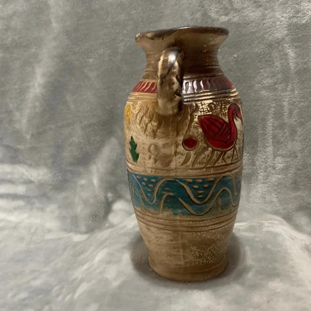 Vintage Style Faux Pottery Plastic Decorative Vase Bird Motif Tan Multi